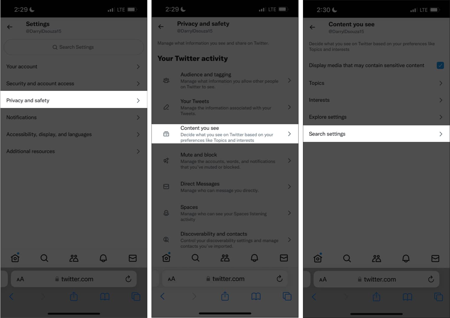 Tap search settings to enable sensitive content on twitter